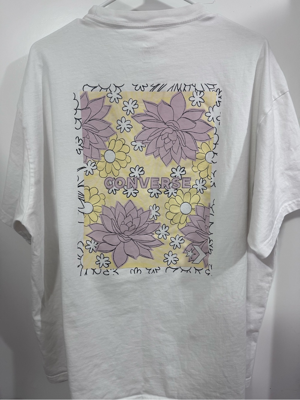Converse White Tee with Pastel Purple & Yellow Floral Back Graphic